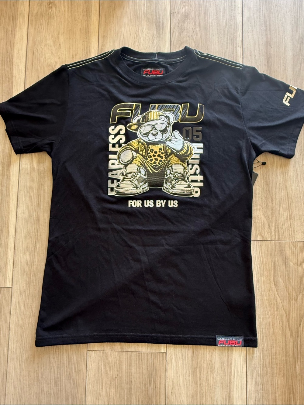 FUBU Black Short-Sleeve Graphic Tee with Gold and Cream Bear